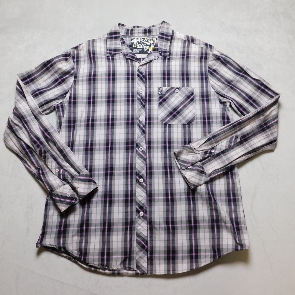 NSS Mens Extra Large XL‎ Plaid Button Down Shirt Grey Black Purple Cotton L/S
